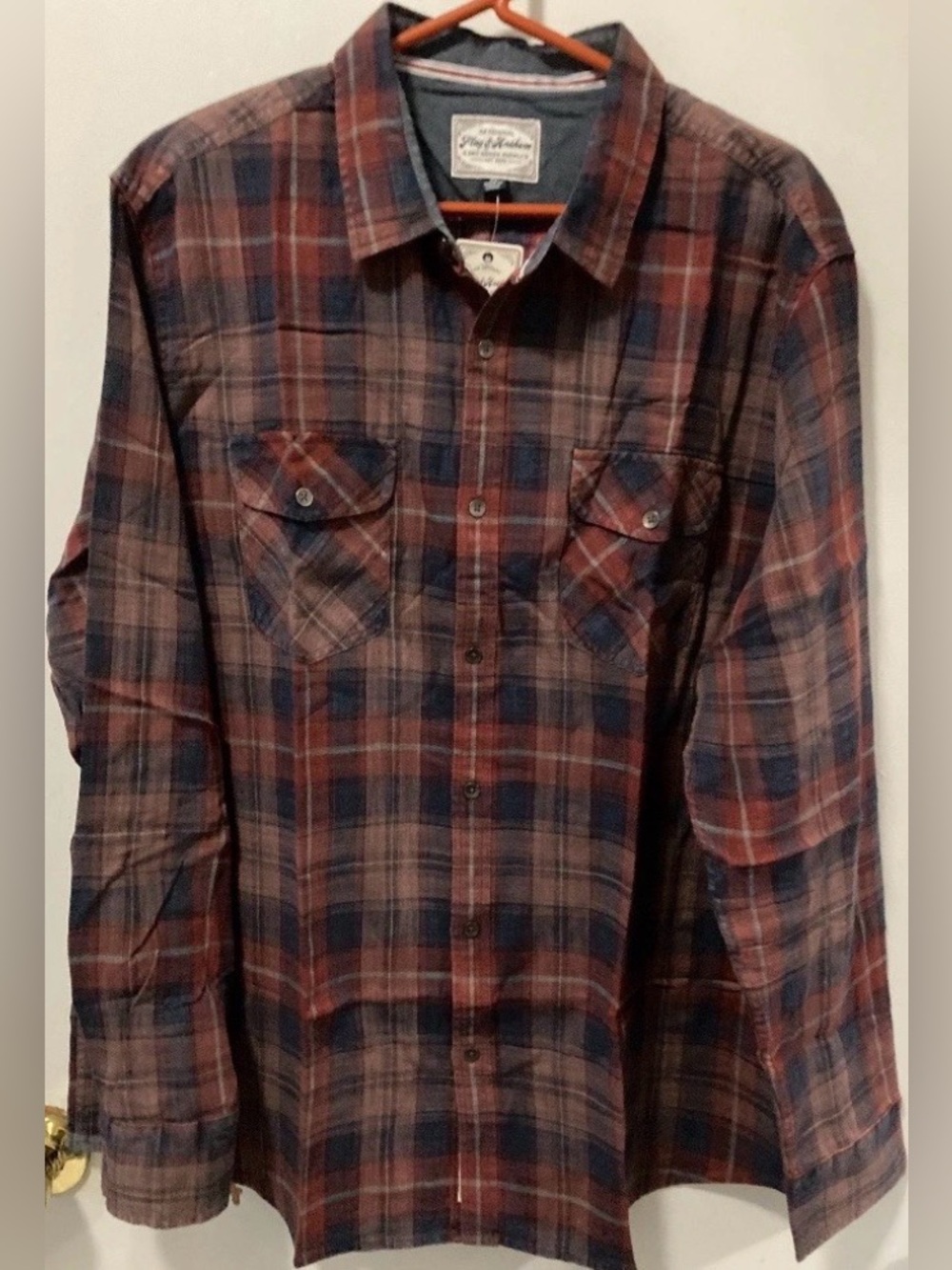 Flag & Anthem Men’s Wine Navy Long Sleeve Button Up Plaid Shirt Size Extra Large
